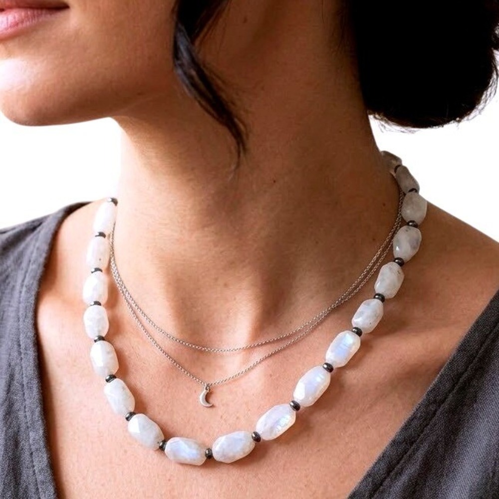 Natural Rainbow‎ Moonstone Beaded Necklace Genuine Tumbled Gemstone Blue Flash